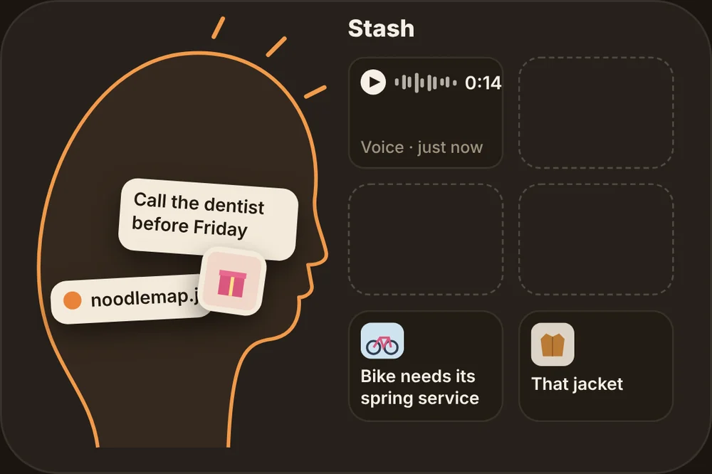 Thoughts leaving a head and landing in Stash: a voice note, a reminder to call the dentist, a link and two photos.