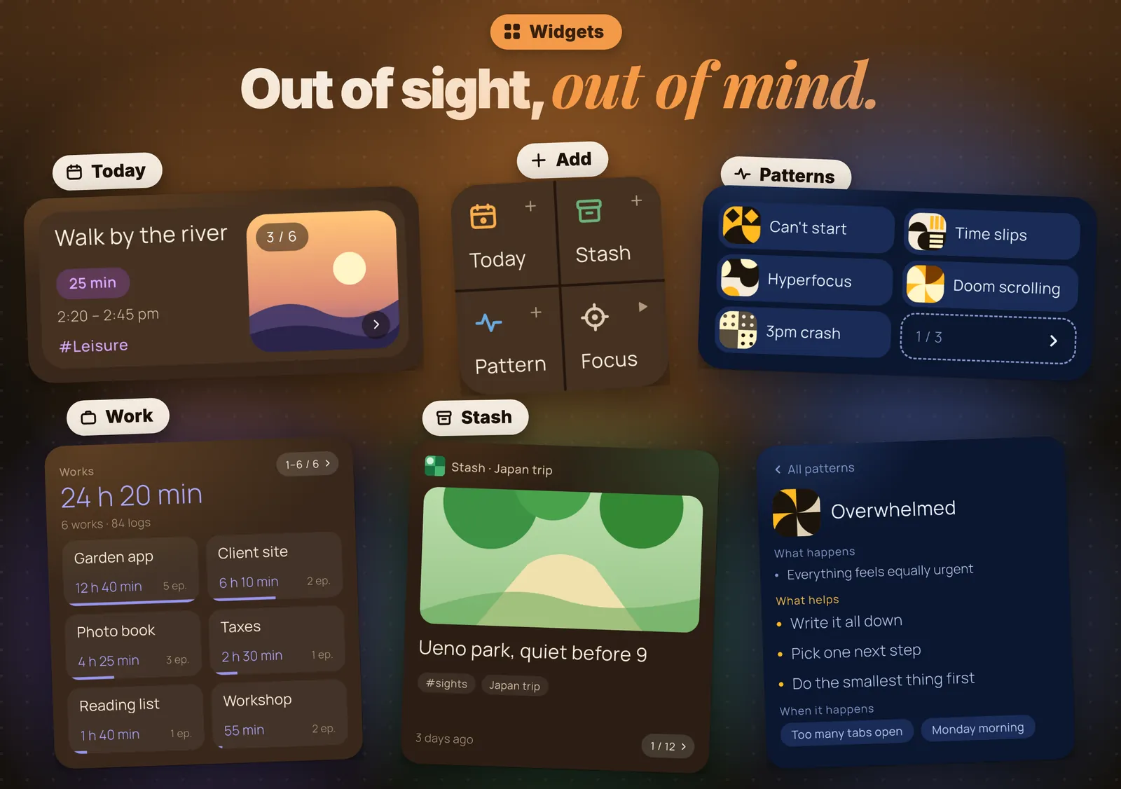 Widgets. Out of sight, out of mind. Today, Add, Patterns, Work and Stash widgets.