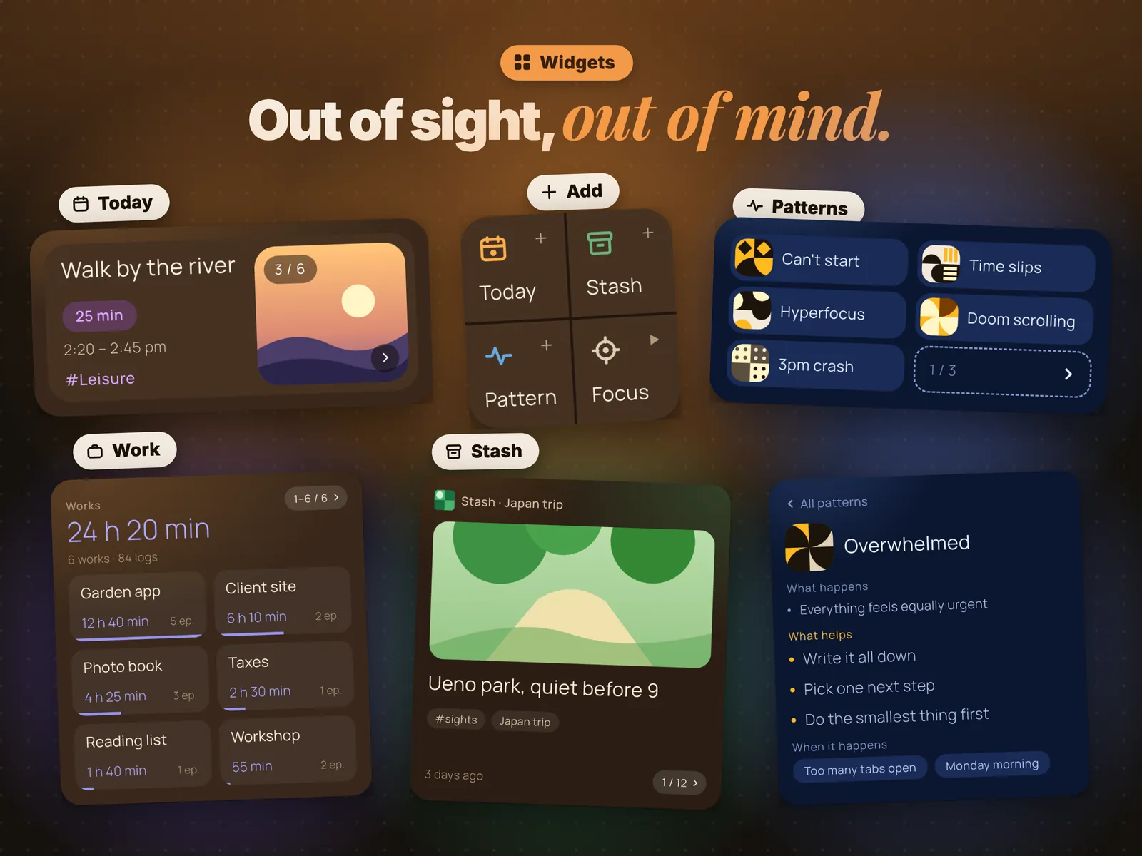 Widgets. Out of sight, out of mind. Today, Add, Patterns, Work and Stash widgets.