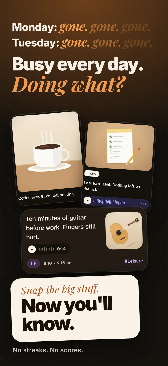 Today. Busy every day. Doing what? Snap the big stuff. Now you’ll know. No streaks. No scores.