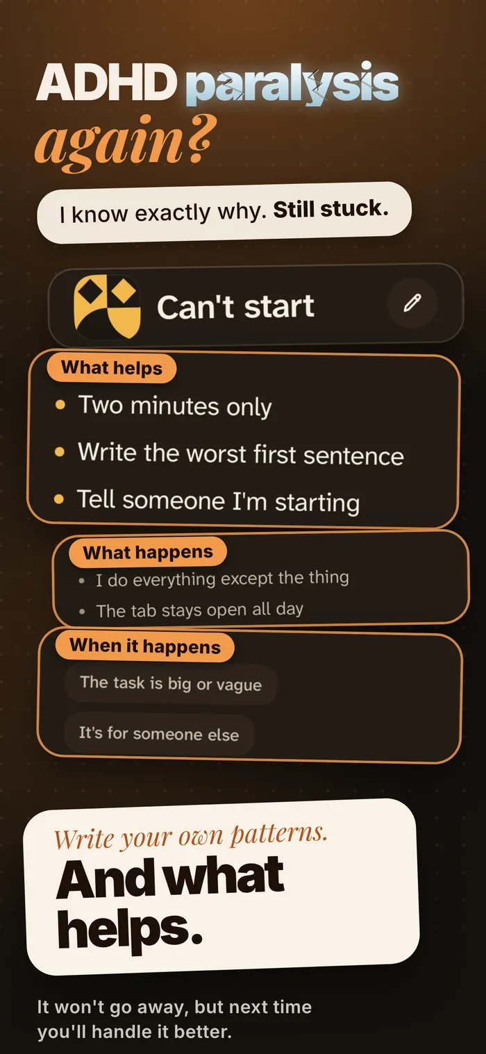 Patterns. ADHD paralysis again? A Can’t start card with what helps: two minutes only, write the worst first sentence. Write your own patterns. And what helps.